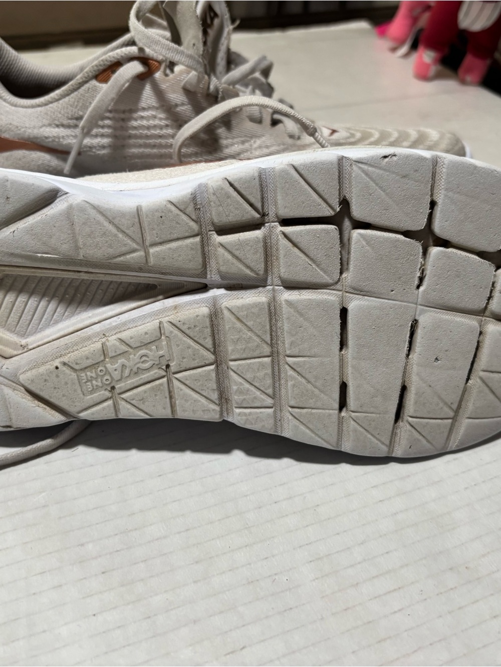 Hoka White Running Shoe with Rose Gold Logo Accents - Picture 4 of 10